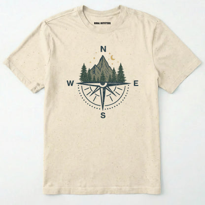 Natural compass shirt with mountains and pine trees design on a white background.