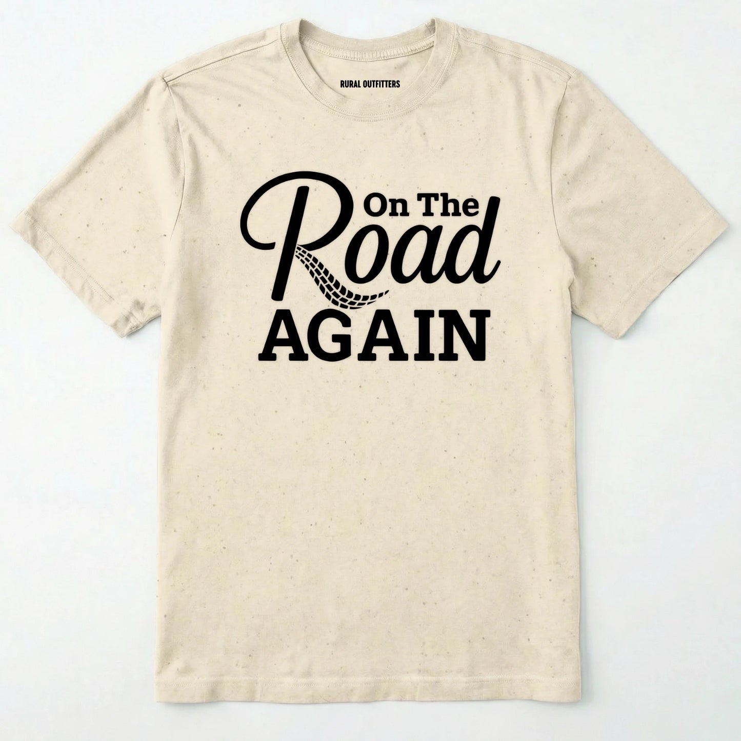 Natural road trip t-shirt with ⊜on the road again⊝ text on a white background.