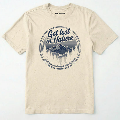 Natural t-shirt with nature-themed graphic and text on a white background