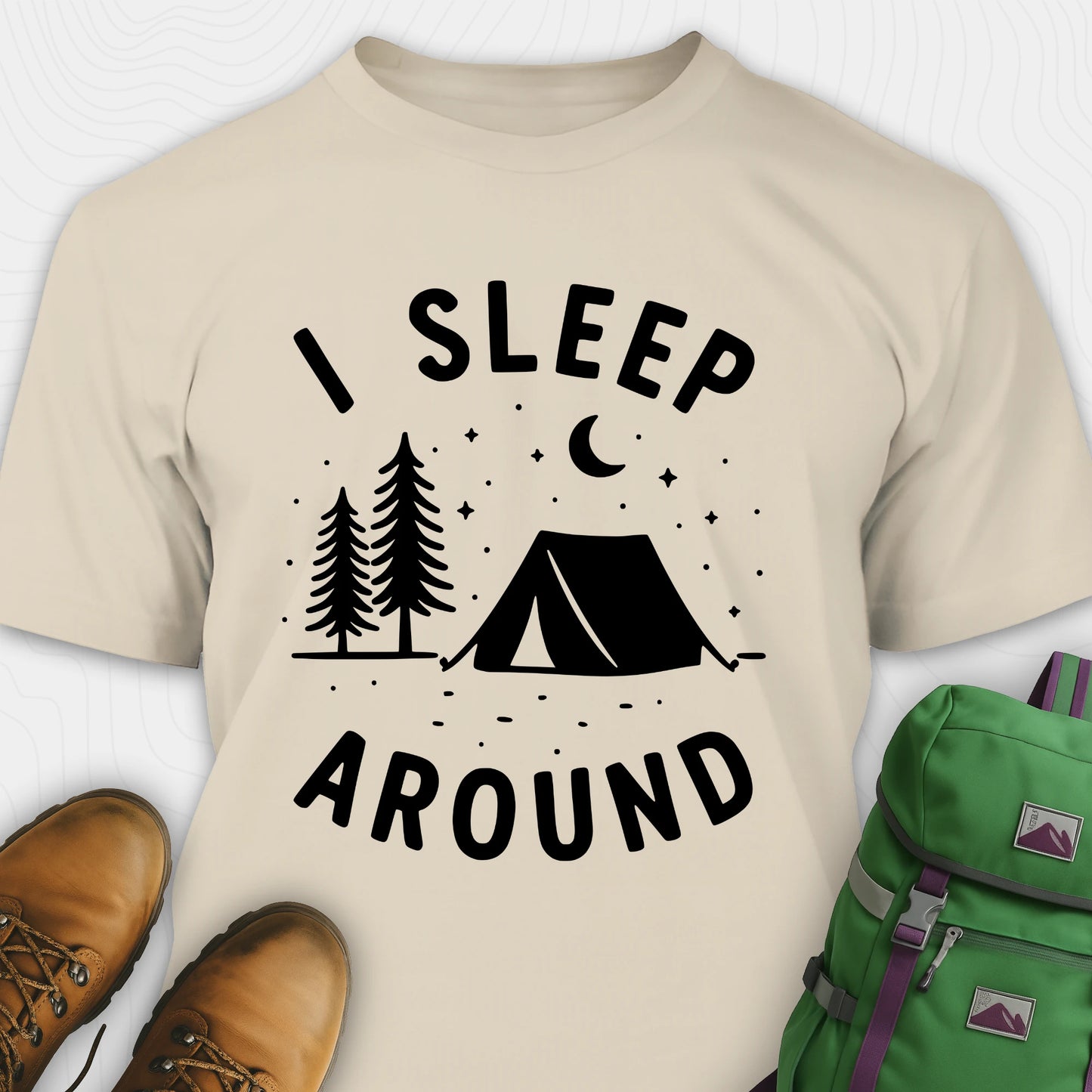 Sand I sleep around camping shirt with tent, pine trees, moon and stars design