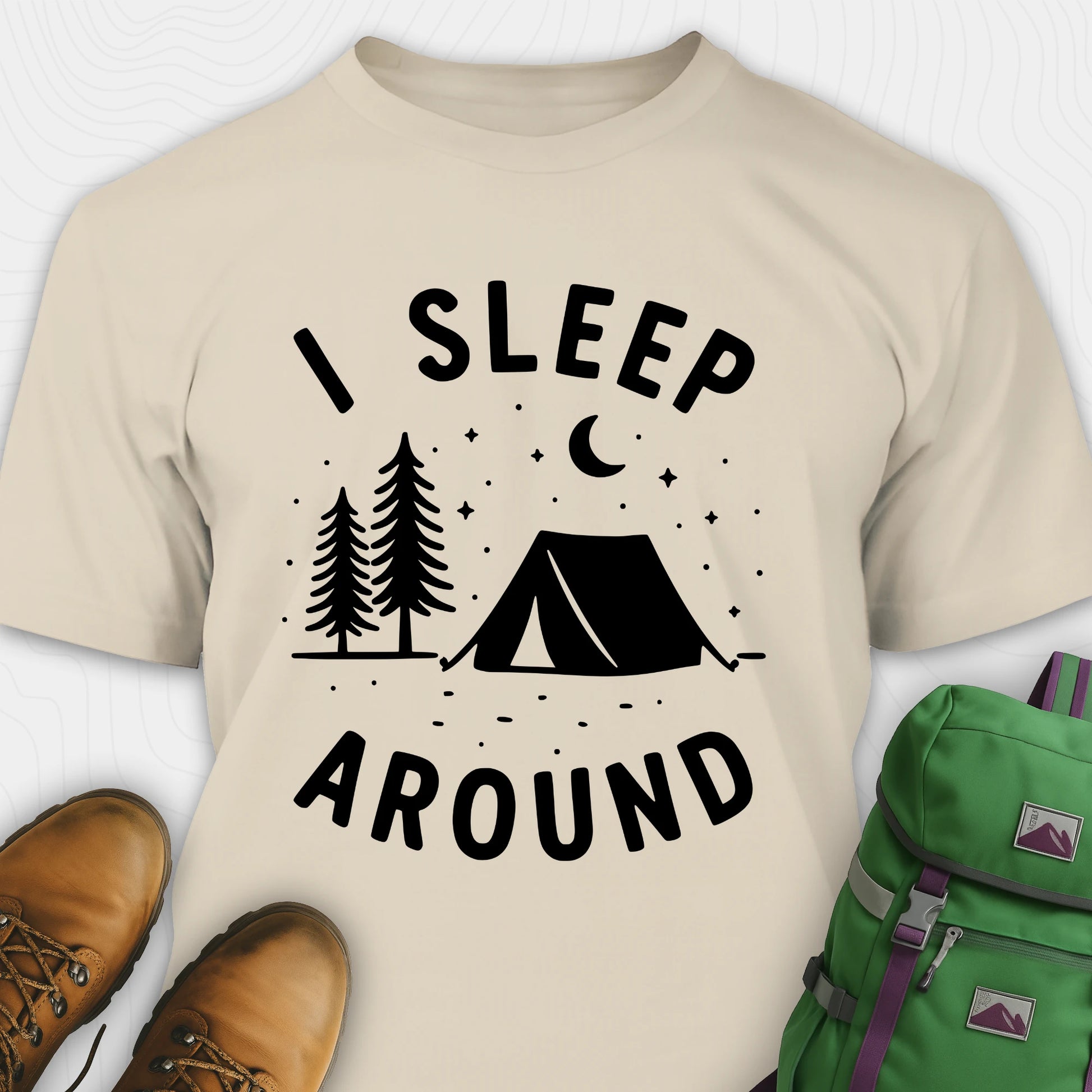 Sand I sleep around camping shirt with tent, pine trees, moon and stars design