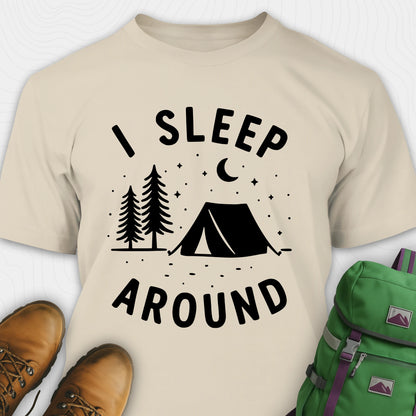 Sand I sleep around camping shirt with tent, pine trees, moon and stars design