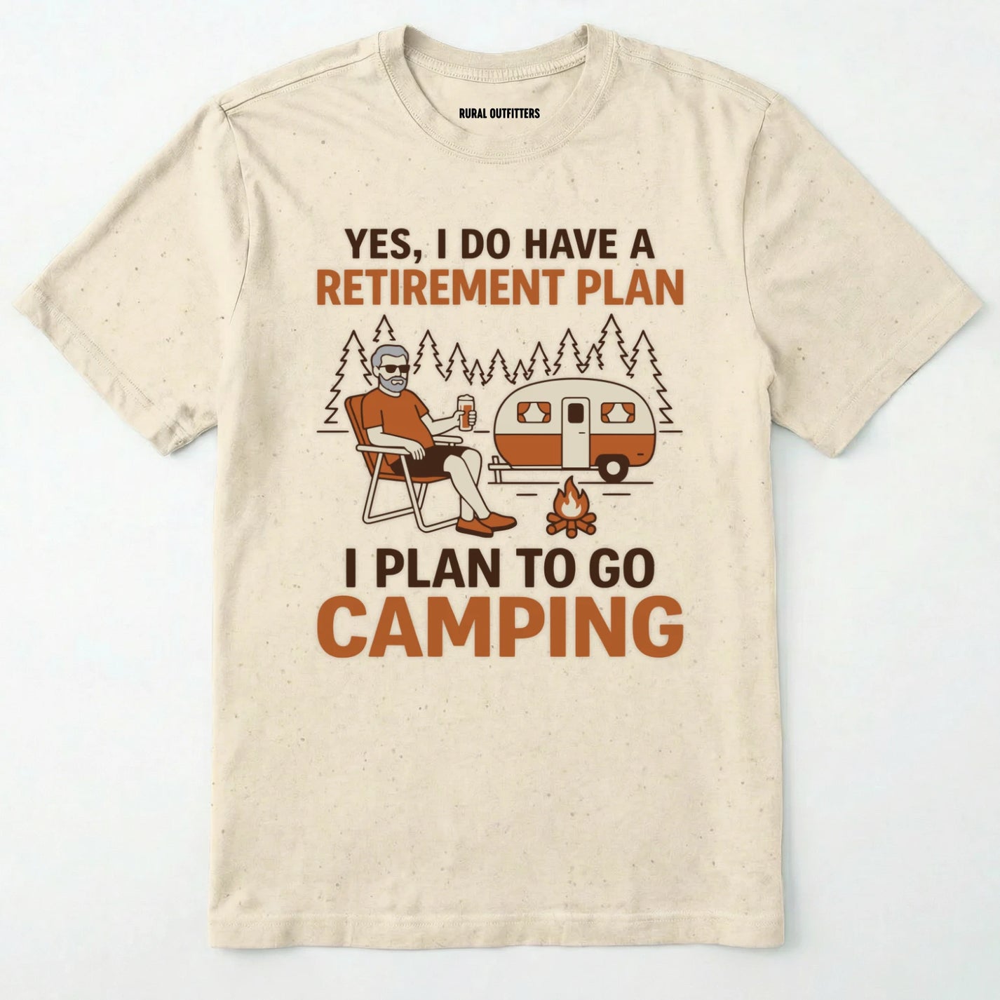 Natural t-shirt with camping graphic and text on a white background