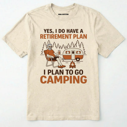 Natural t-shirt with camping graphic and text on a white background