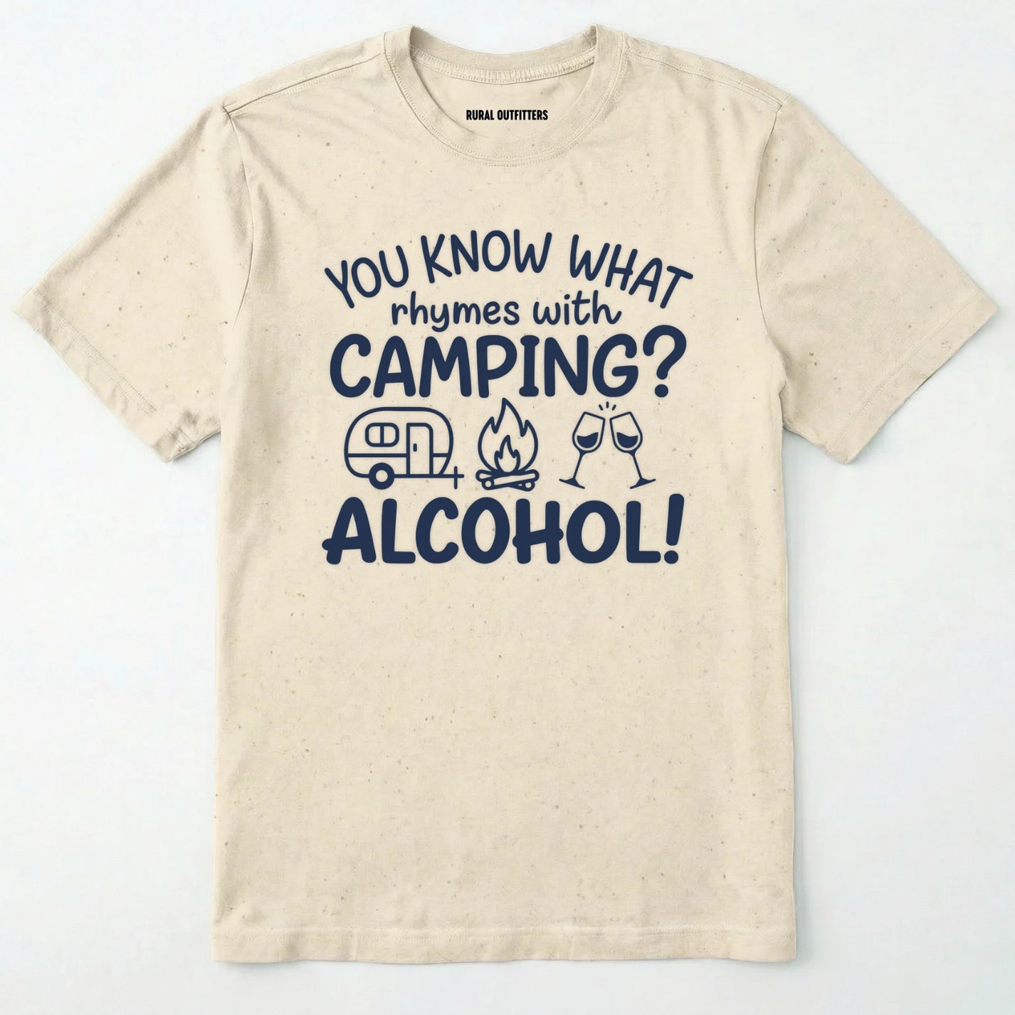 Natural you know what rhymes with camping alcohol shirt with camper, fire, and wine glass graphics on a white background.