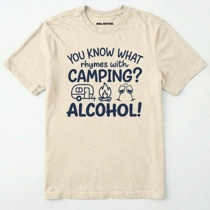 Natural you know what rhymes with camping alcohol shirt with camper, fire, and wine glass graphics on a white background.