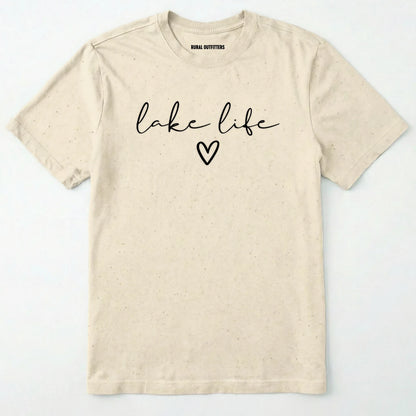 Natural lake life shirt with 'lake life' text and heart graphic.