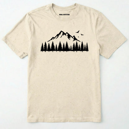 Natural wild t-shirt with a minimalist mountain and pine tree graphic on a white background.