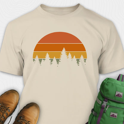 Sand vintage sunset t-shirt with retro forest silhouette graphic