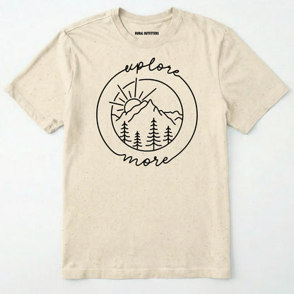 Natural explorer shirt with 'explore more' text and mountain graphic design on a white background