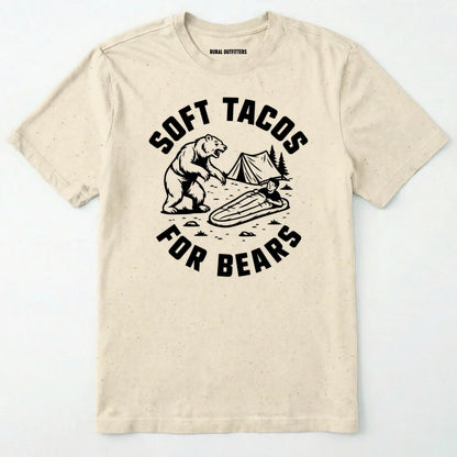 Natural funny bear shirt with bear graphic and text 'soft tacos for bears' on a white background.