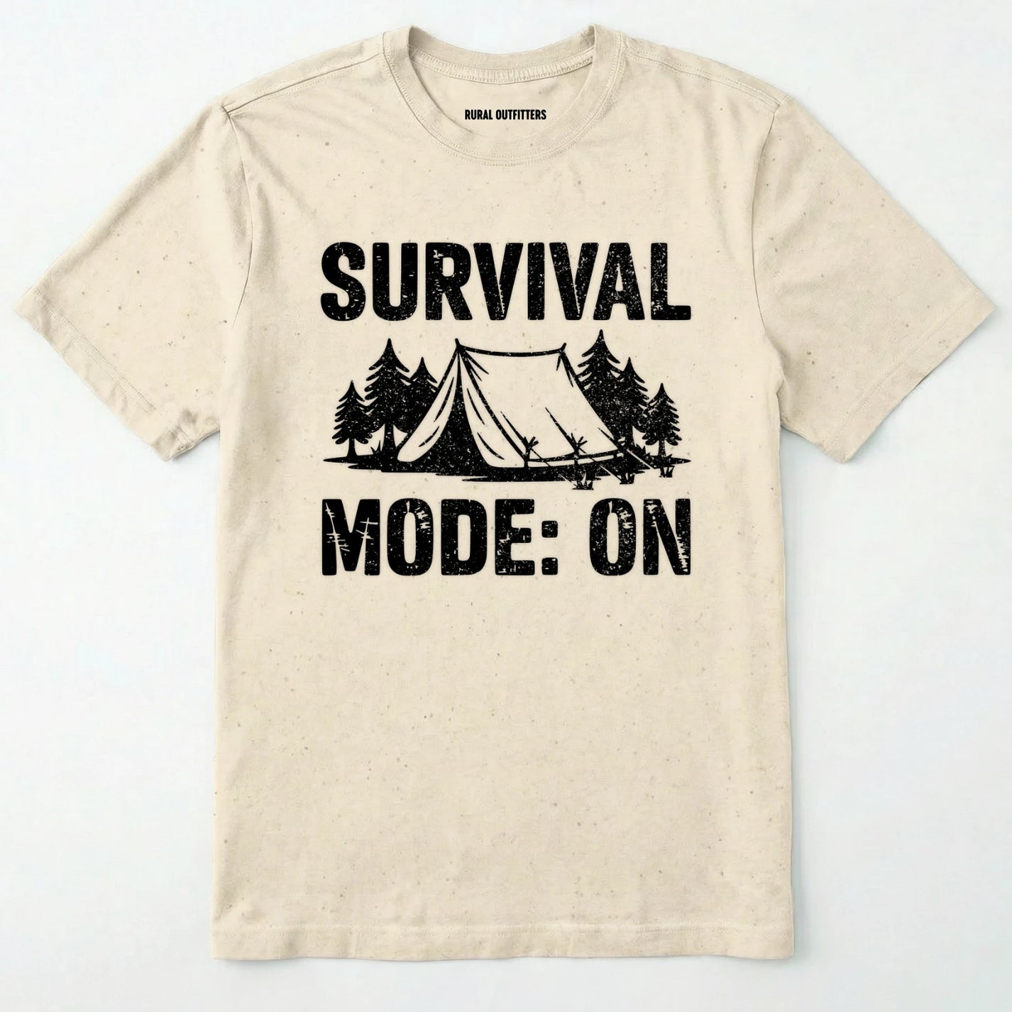 Natural bushcraft shirt with survival mode on text, featuring a tent and a pine tree design on a white background.