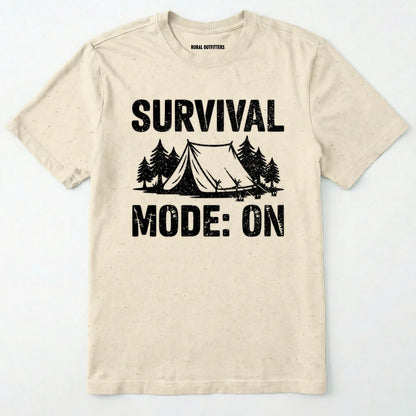 Natural bushcraft shirt with survival mode on text, featuring a tent and a pine tree design on a white background.