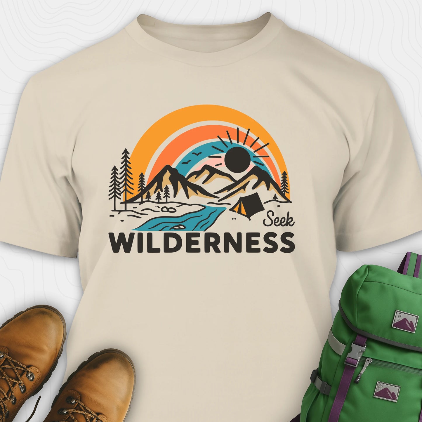 Sand vintage camping shirt with retro sunset and mountain design