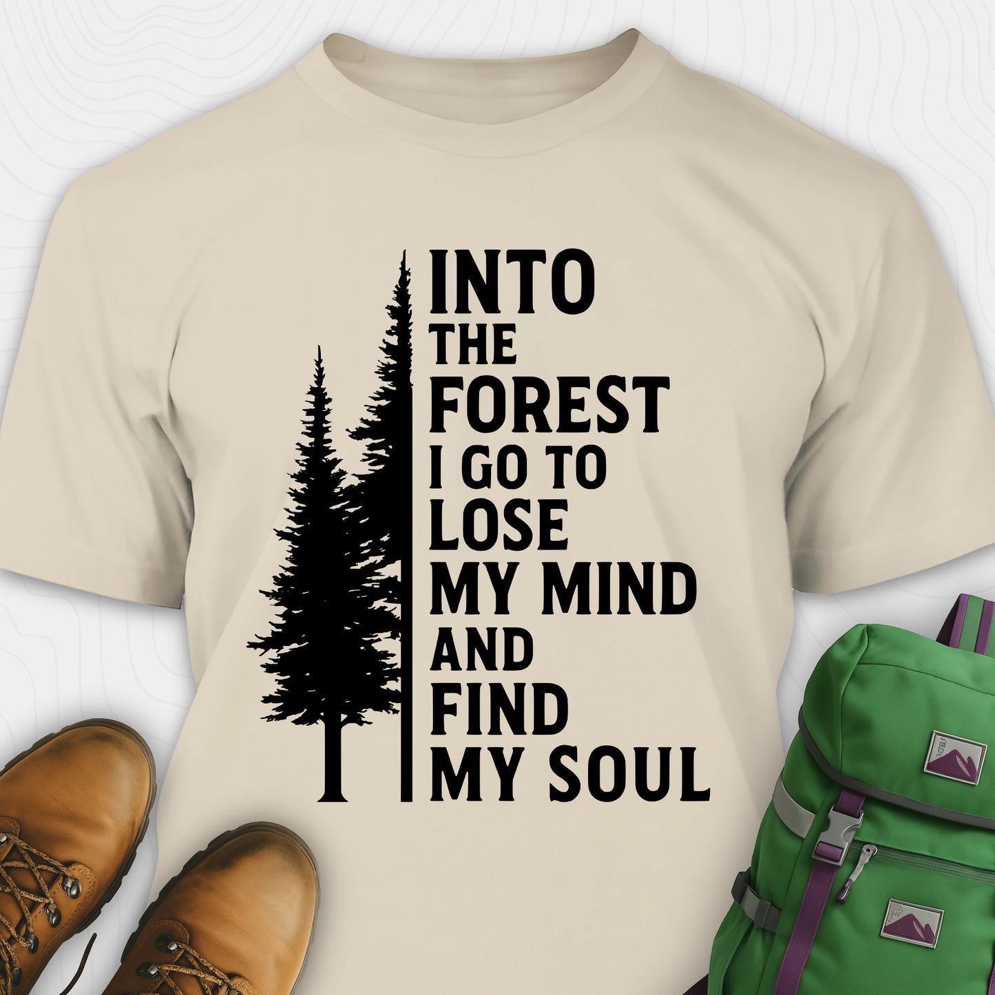 Sand into the forest I go t-shirt with white forest graphic and tall trees design