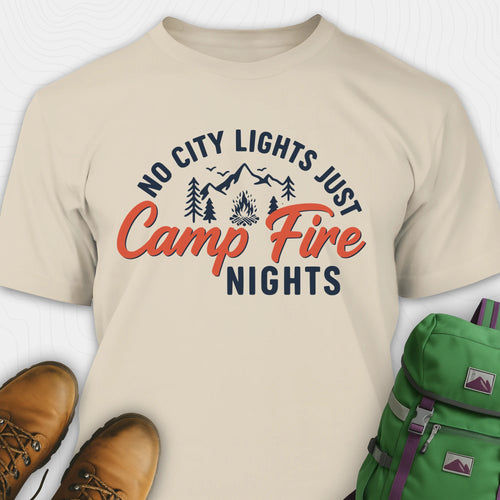 Sand campfire shirt with mountains and trees design and "No city lights just campfire nights" text