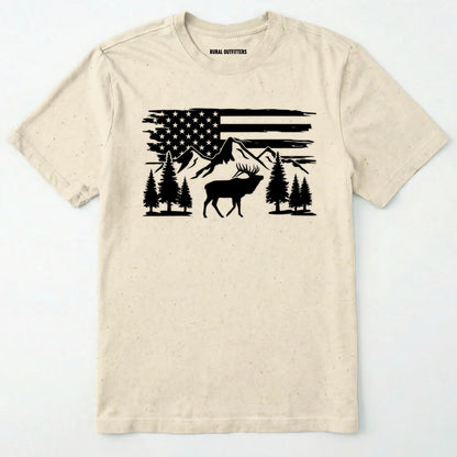 Natural deer t-shirt with black graphic design of an american flag, trees, and a elk graphic.
