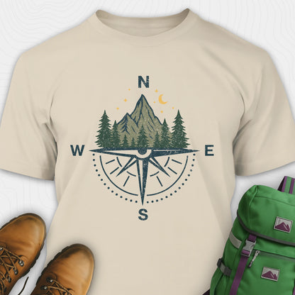 Sand compass shirt with mountains and pine trees design