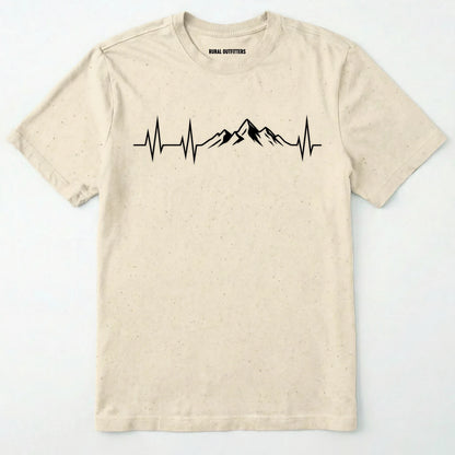 Natural mountain heartbeat t-shirt featuring heartbeat and mountain peaks on a white background.