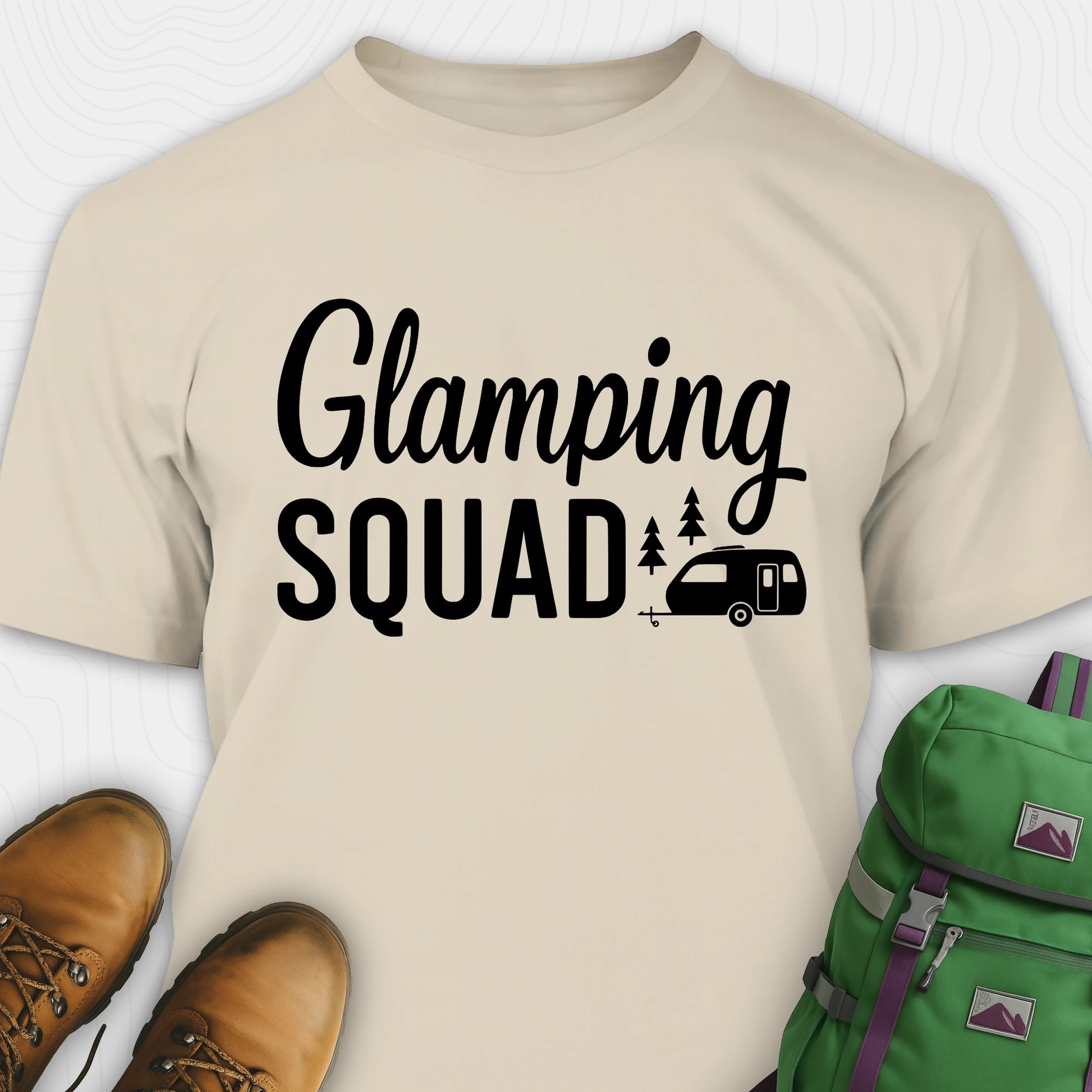 Sand glamper shirt with cute camper and trees design and "Glamping squad" text