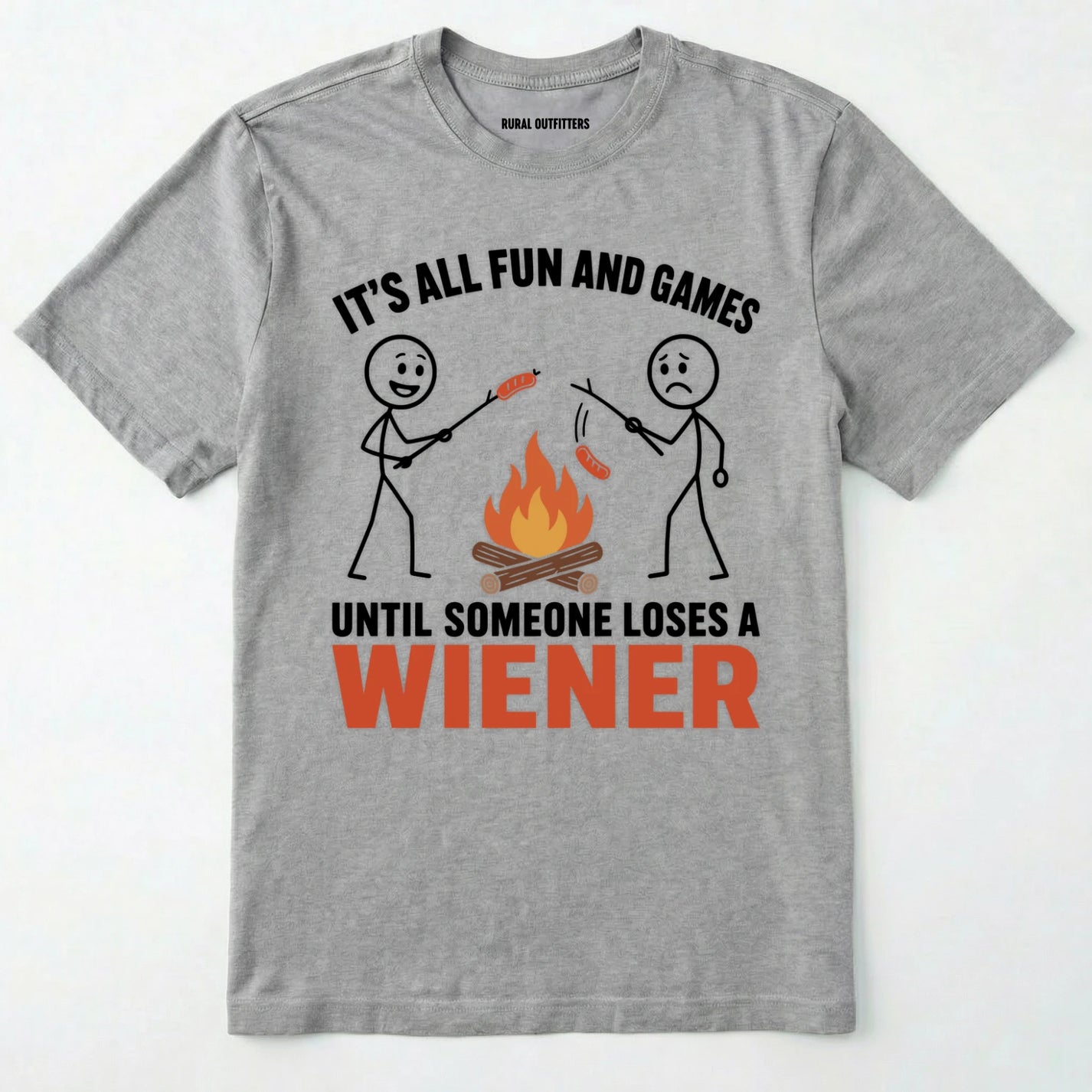 Sport Grey funny wiener shirt with humorous campfire graphic and text on a white background