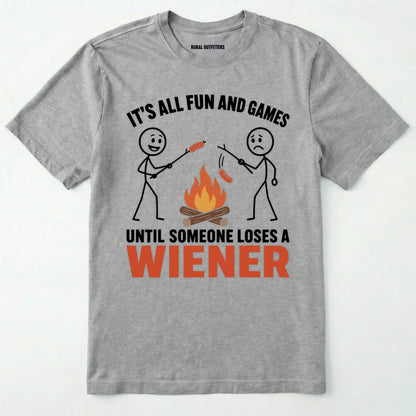 Sport Grey funny wiener shirt with humorous campfire graphic and text on a white background