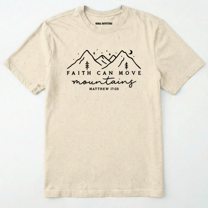 Natural faith can move mountains shirt with mountain scripture design on a white background.