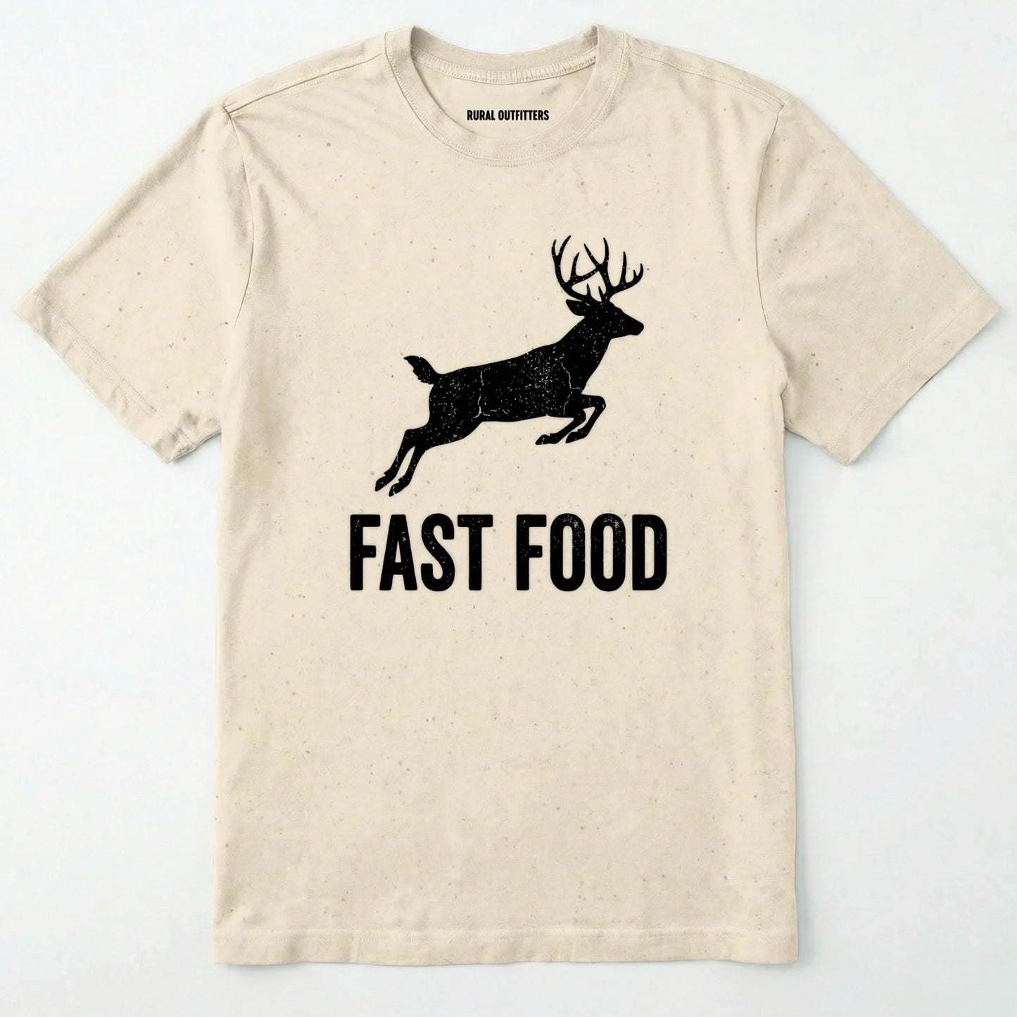 Natural t-shirt with black deer graphic and 'fast food' text on a white background