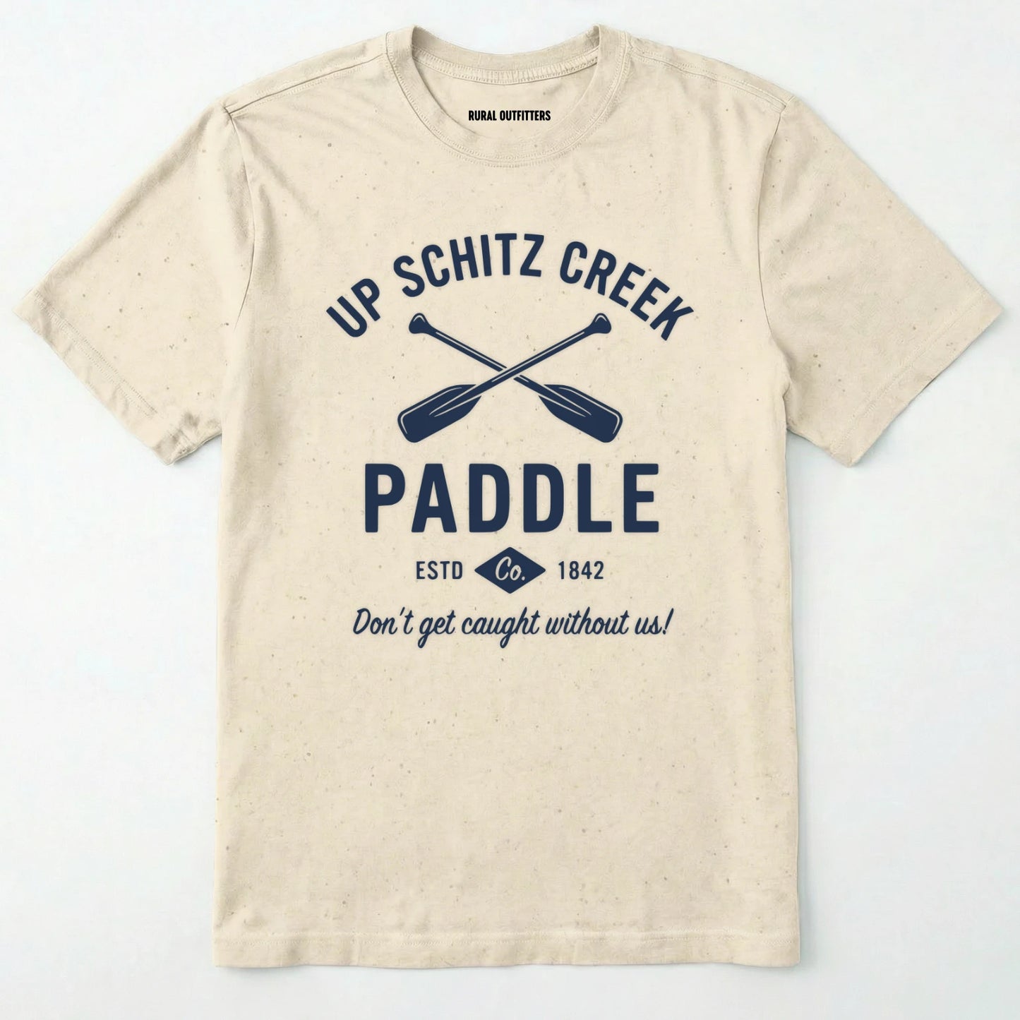 Natural t-shirt with royal text and oar graphics on a white background