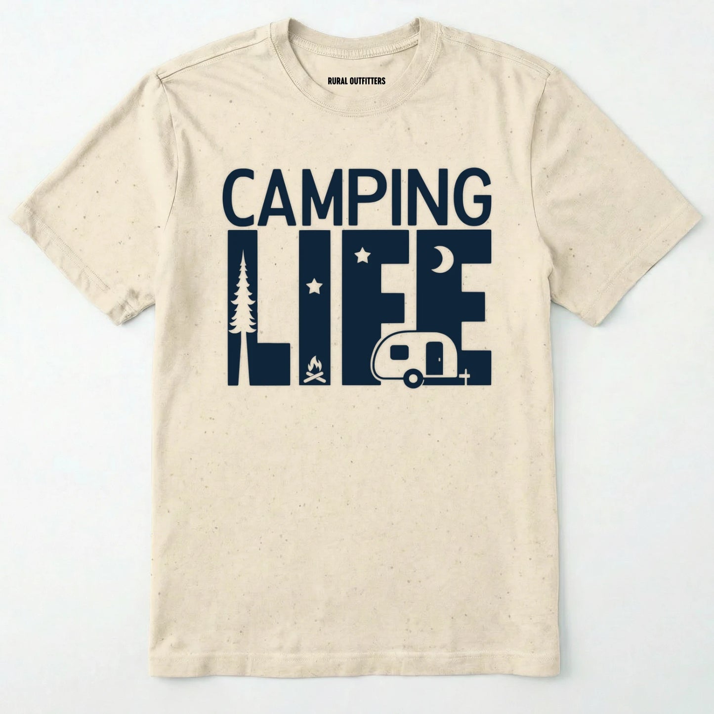 Natural camp life shirt featuring a camper and a pine tree design on a white background.