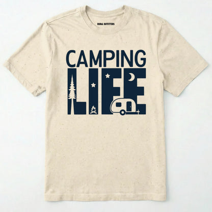 Natural camp life shirt featuring a camper and a pine tree design on a white background.