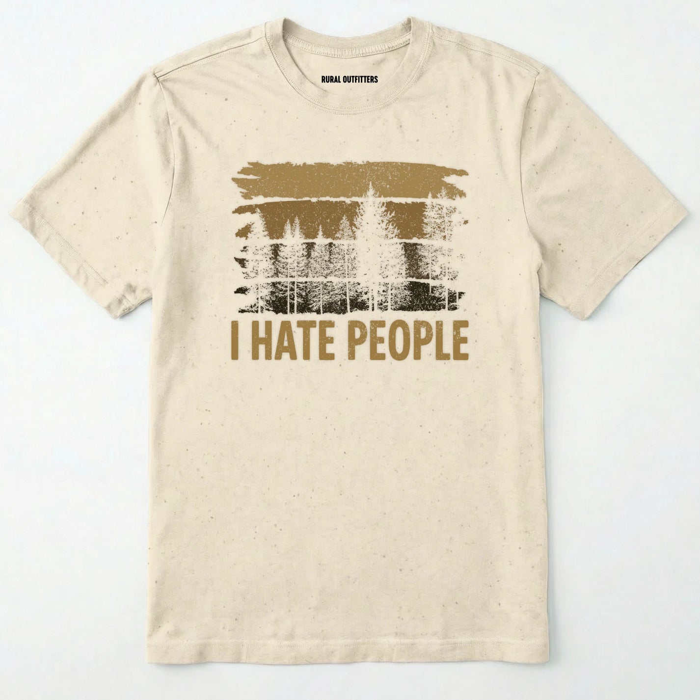 Natural i hate people t-shirt with a distressed forest graphic on a white background.
