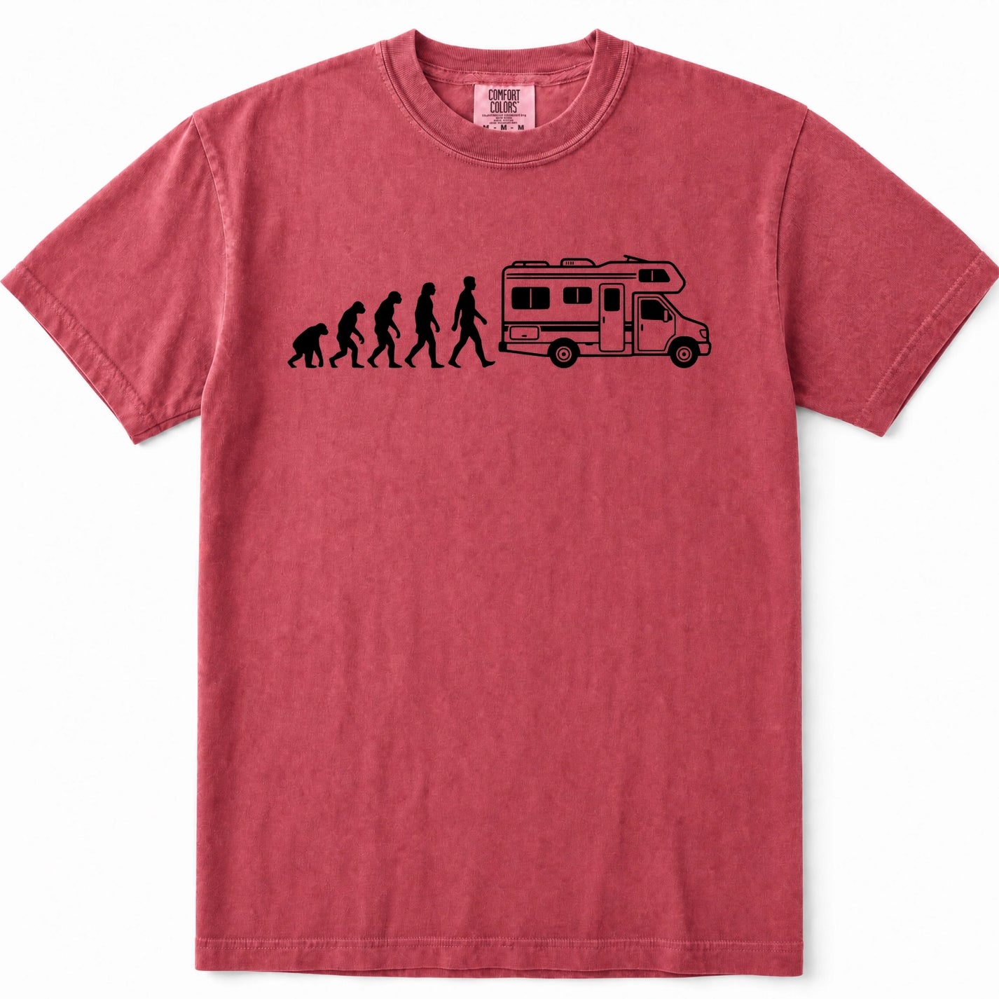 Crimson short-sleeve crewneck t-shirt in a washed, heathered red-pink color, featuring a black graphic print of the evolution sequence transitioning into a walking camper van.