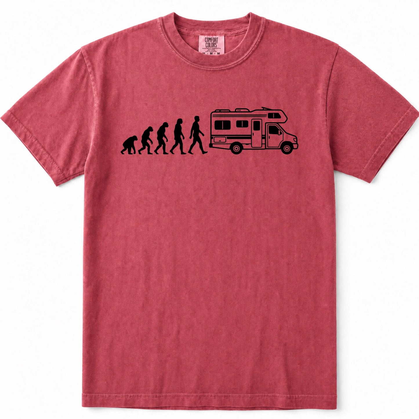 Crimson short-sleeve crewneck t-shirt in a washed, heathered red-pink color, featuring a black graphic print of the evolution sequence transitioning into a walking camper van.