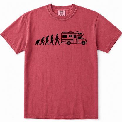 Crimson short-sleeve crewneck t-shirt in a washed, heathered red-pink color, featuring a black graphic print of the evolution sequence transitioning into a walking camper van.