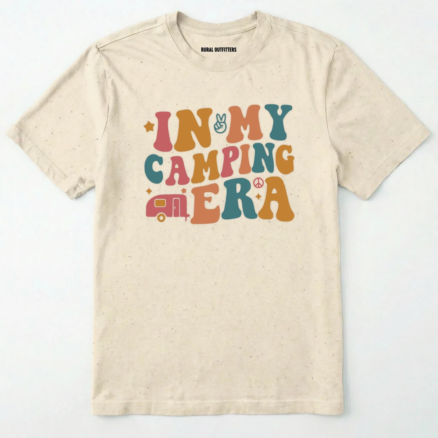 Natural cute camping shirt with colorful retro ⊜in my camping era⊝ graphic on a white background.