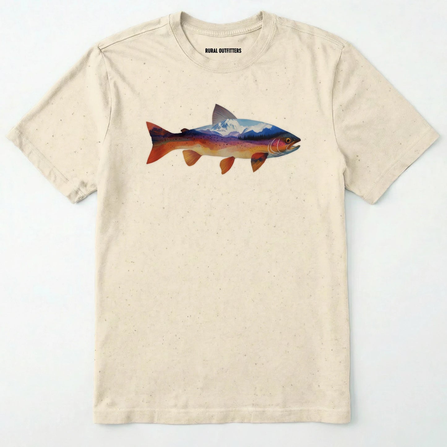 Natural fish shirt with a colorful trout and mountain landscape graphic on a white background.