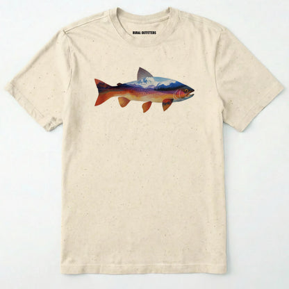 Natural fish shirt with a colorful trout and mountain landscape graphic on a white background.