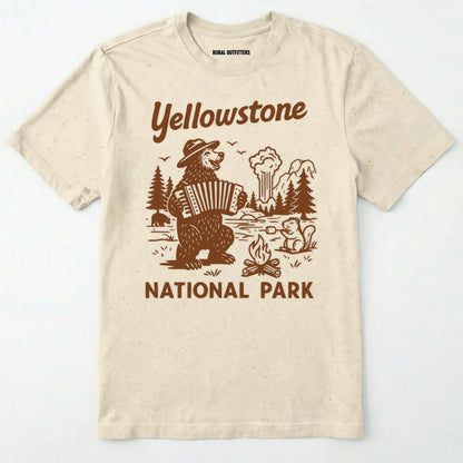 Natural yellowstone national park t-shirt with a brown bear playing an accordion graphic.