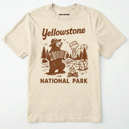 Natural yellowstone national park t-shirt with a brown bear playing an accordion graphic.