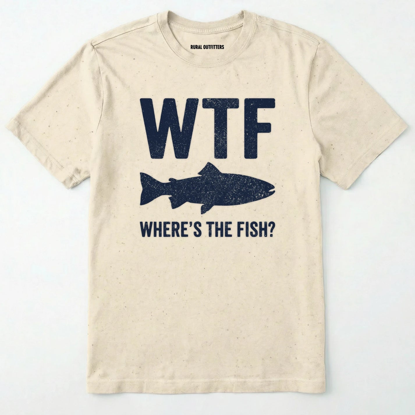 Natural t-shirt with navy graphic and text 'wtf where's the fish?' on a white background