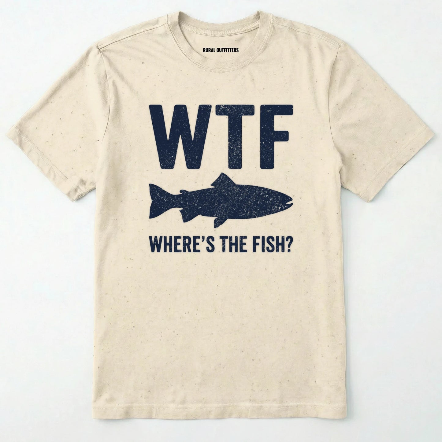 Natural t-shirt with navy graphic and text 'wtf where's the fish?' on a white background