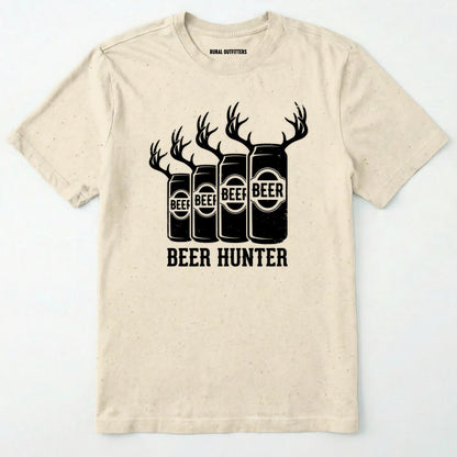 Natural t-shirt with 'beer hunter' graphic design on a white background