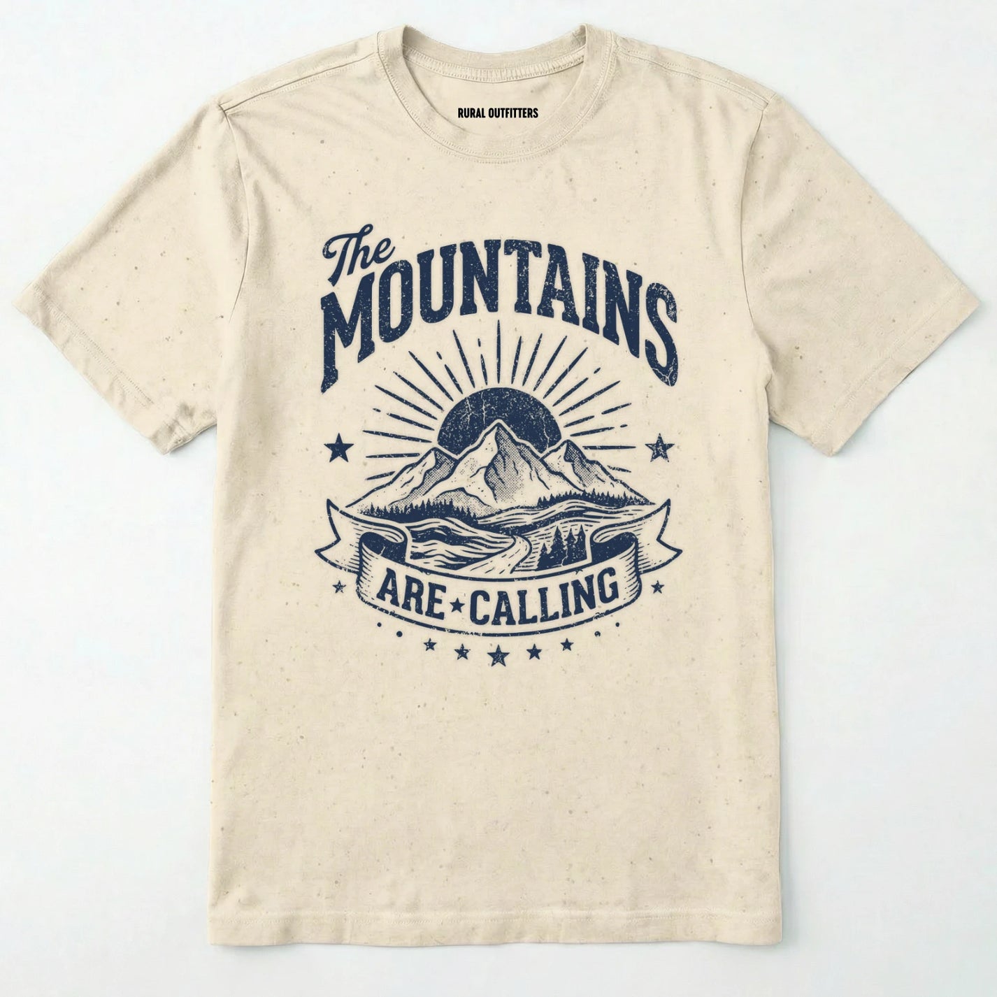 Natural t-shirt with mountain graphic and 'the mountains are calling' text on a white background