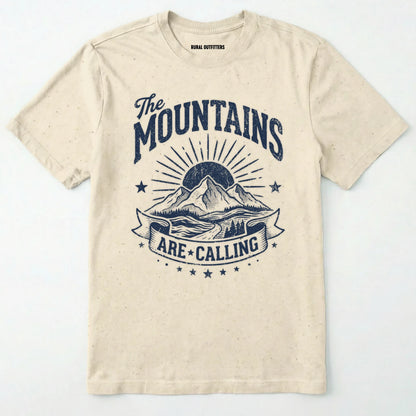 Natural t-shirt with mountain graphic and 'the mountains are calling' text on a white background