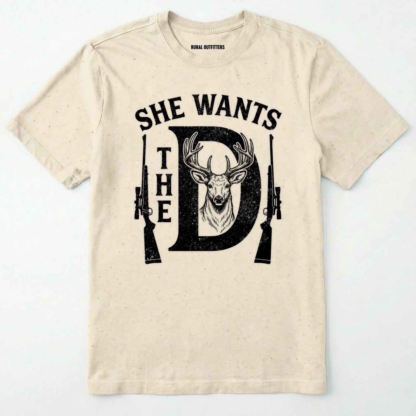 Natural t-shirt with black graphic design featuring a deer and text on a white background