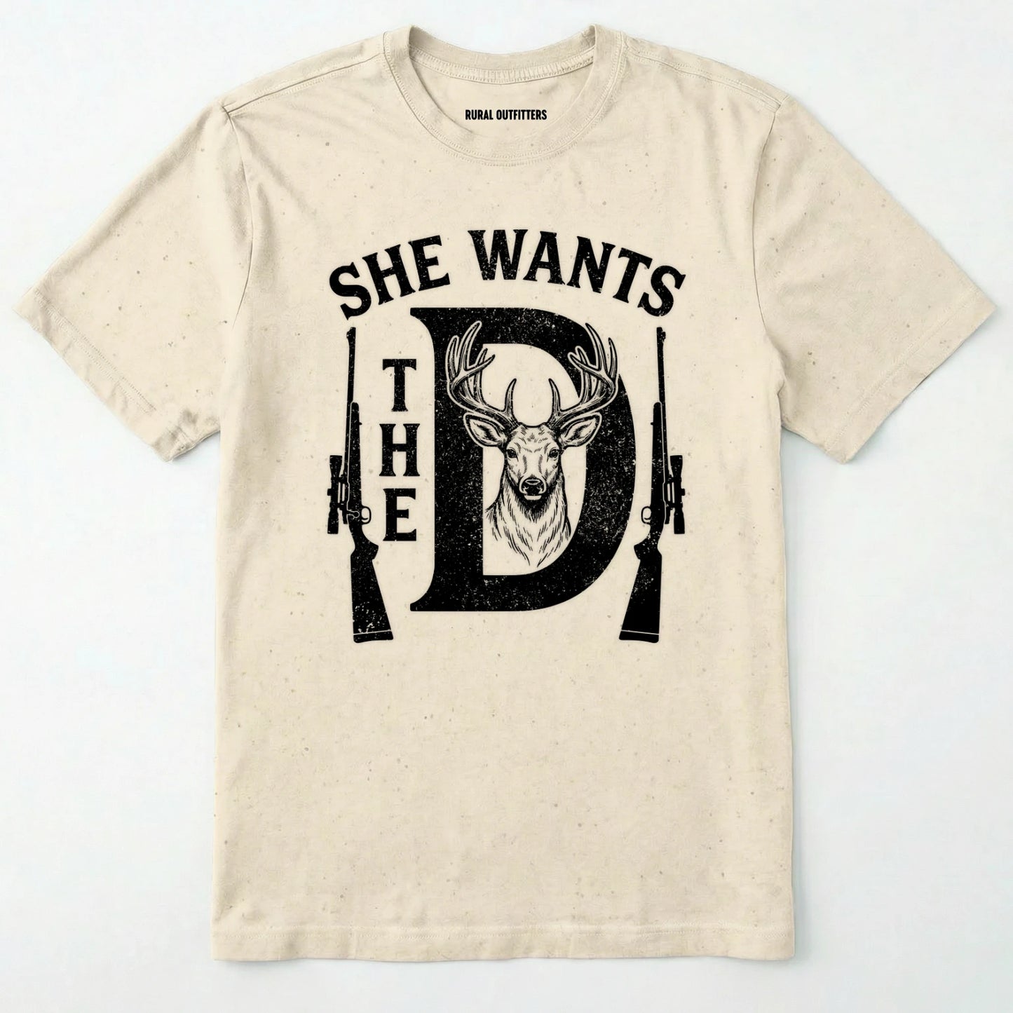 Natural t-shirt with black graphic design featuring a deer and text on a white background