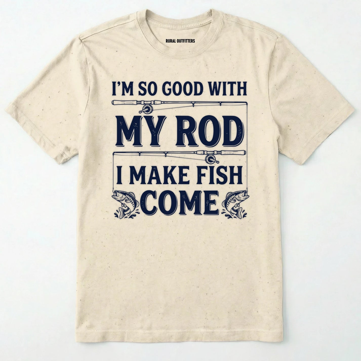 Natural t-shirt with fishing-themed text and graphics on a white background
