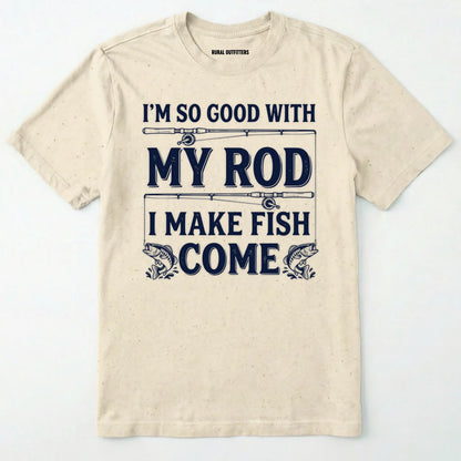 Natural t-shirt with fishing-themed text and graphics on a white background