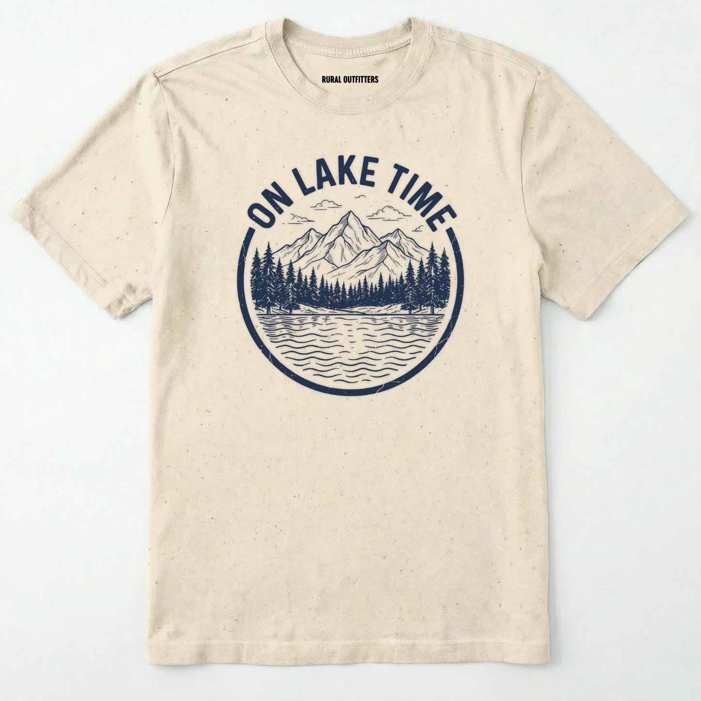 Natural t-shirt with 'on lake time' graphic design featuring mountains and trees on a white background